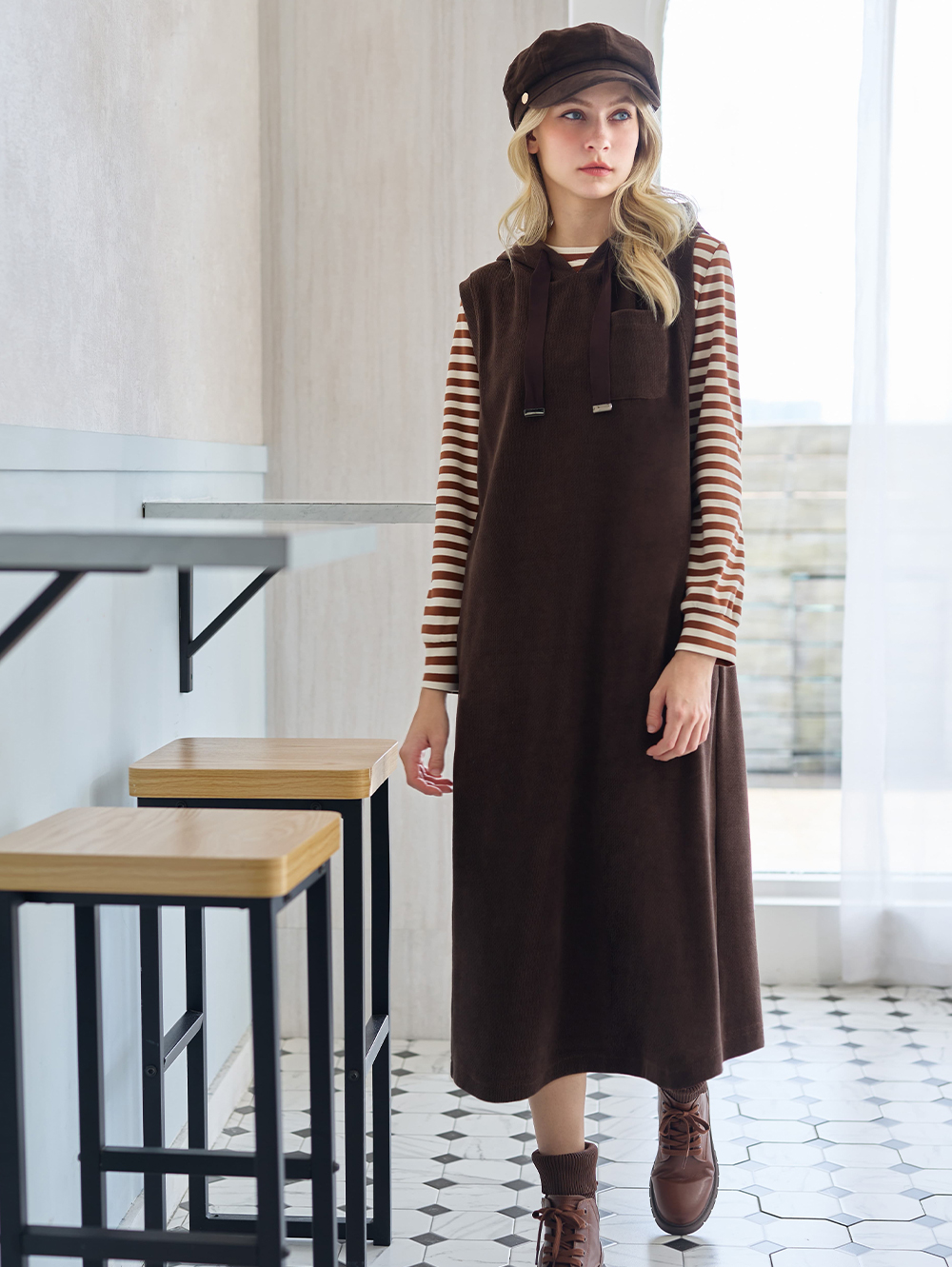 JOAN慵懶層次兩件式休閒連帽洋裝