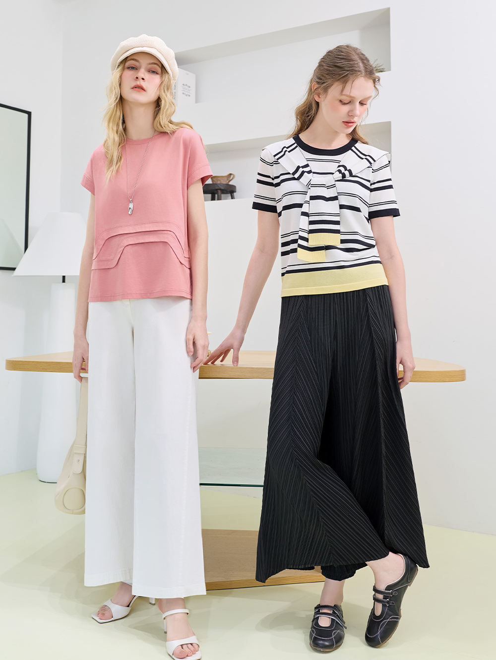 JOAN都會感流線壓褶寬褲裙