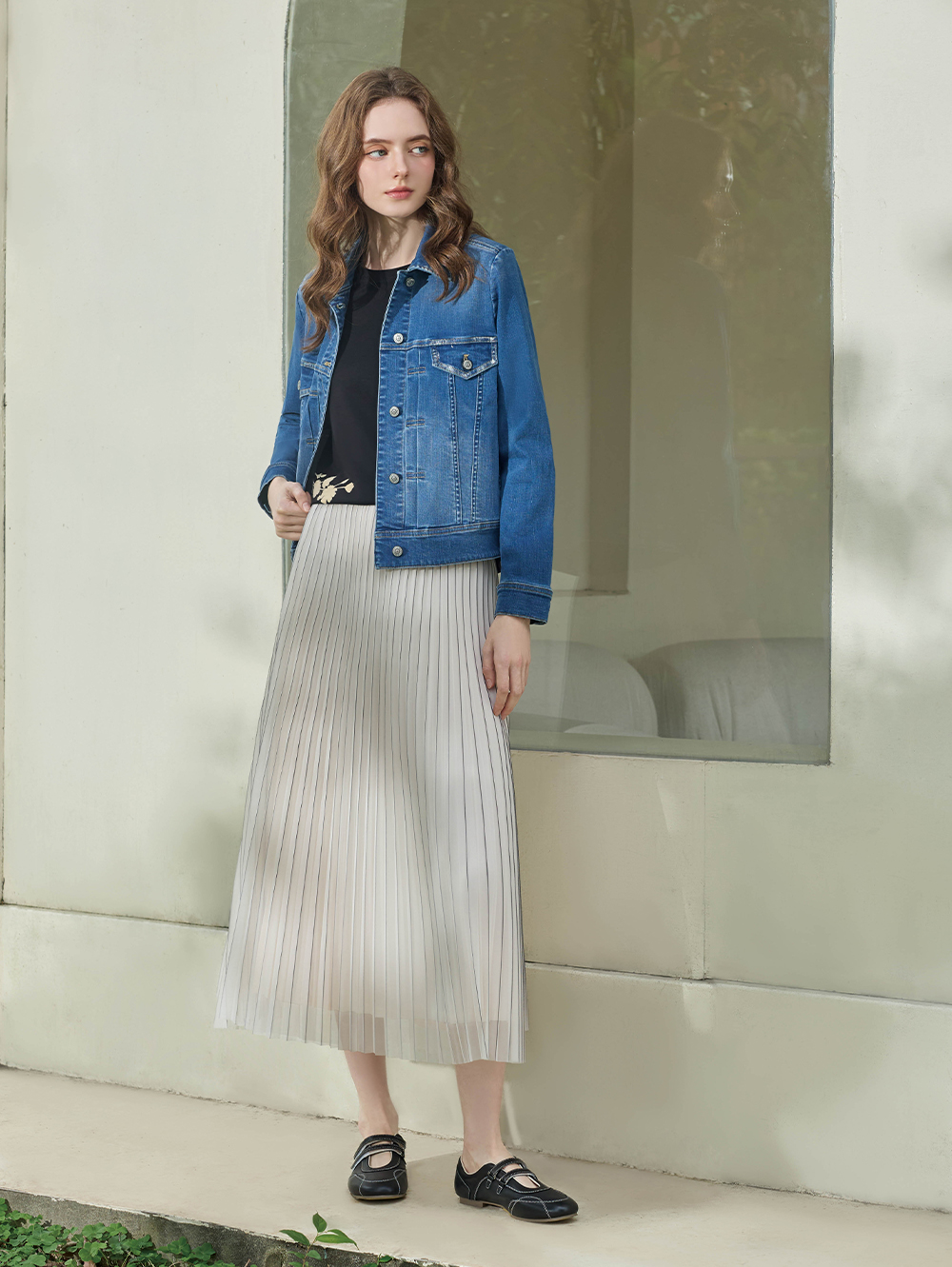 JOAN輕霧垂墜網紗壓摺長裙