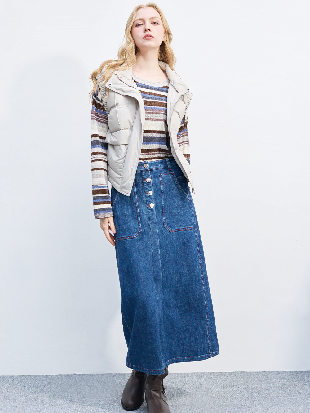 DENOVO輕磨毛百搭長版牛仔口袋裙