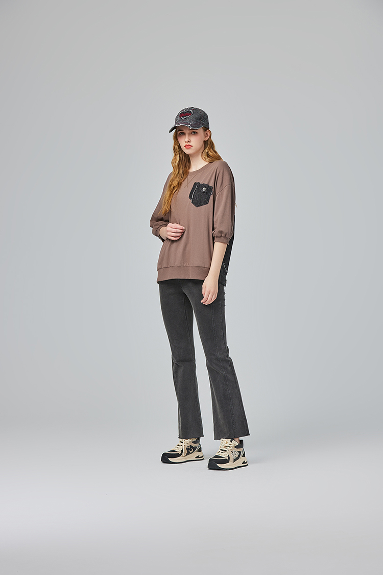 abito不收邊拼接牛仔寬褲