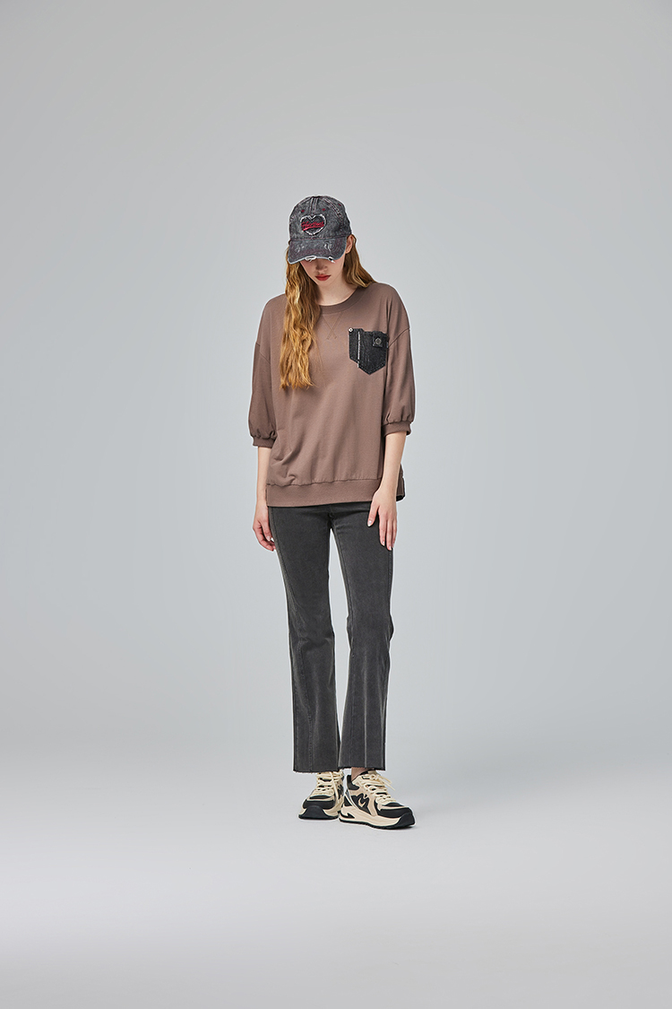 abito不收邊拼接牛仔寬褲