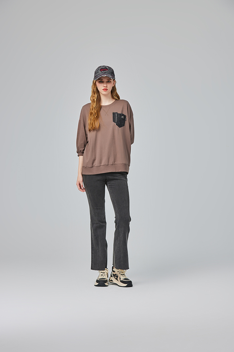 abito不收邊拼接牛仔寬褲