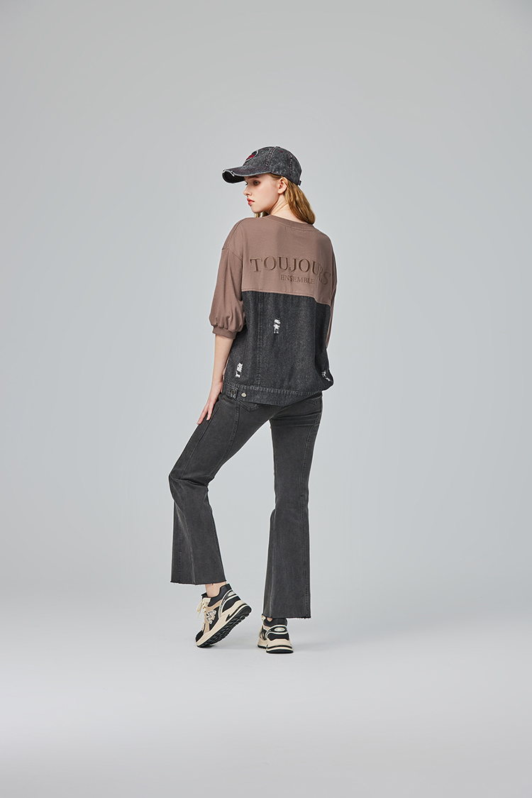 abito不收邊拼接牛仔寬褲