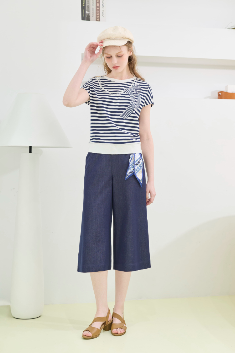 JOAN法式絲巾裝飾六分寬褲