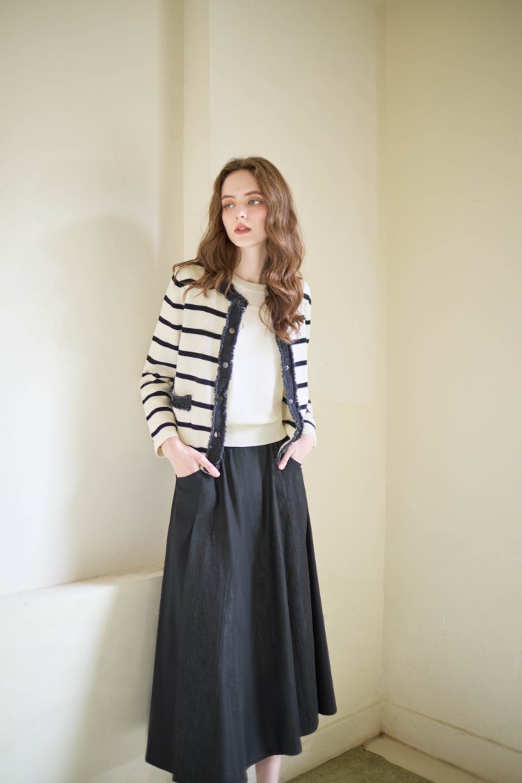 JOAN立體剪裁牛仔拼接中長裙