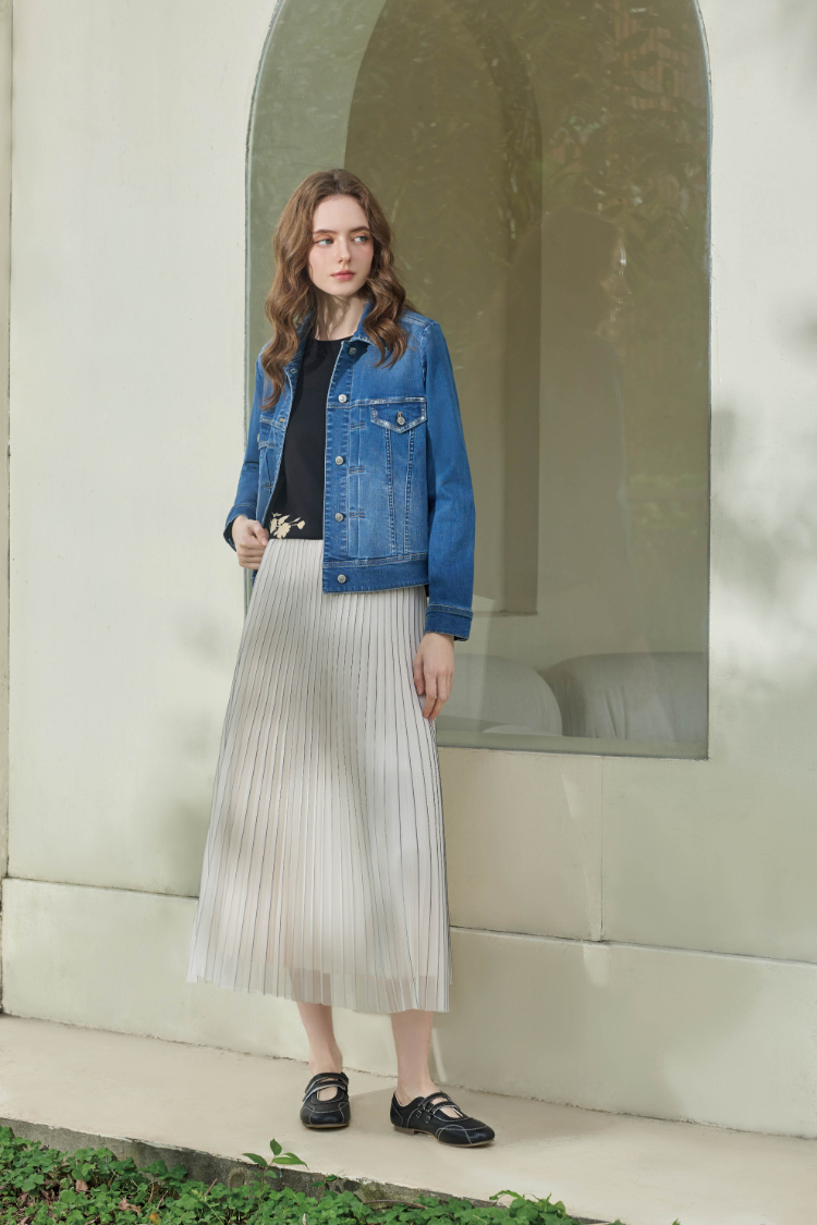 JOAN輕霧垂墜網紗壓摺長裙