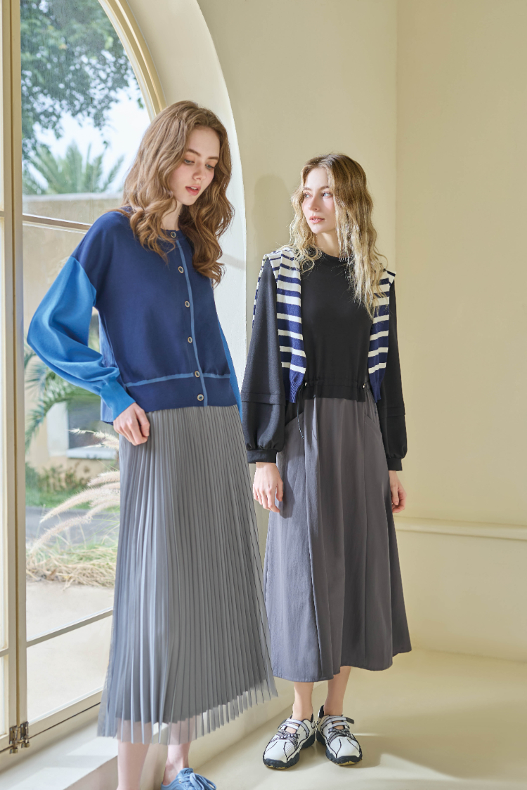 JOAN輕霧垂墜網紗壓摺長裙