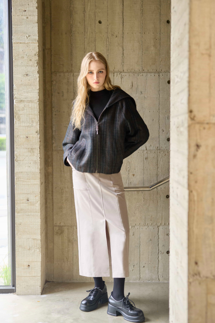 DENOVO大翻領拉鍊格紋外套