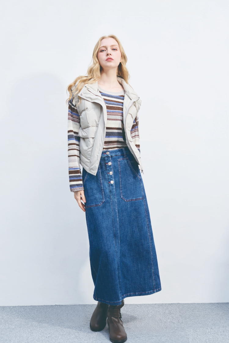 DENOVO輕磨毛百搭長版牛仔口袋裙