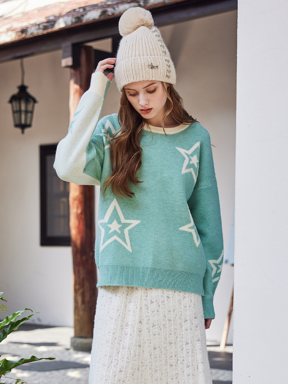 abito跳色拼接星星針織上衣