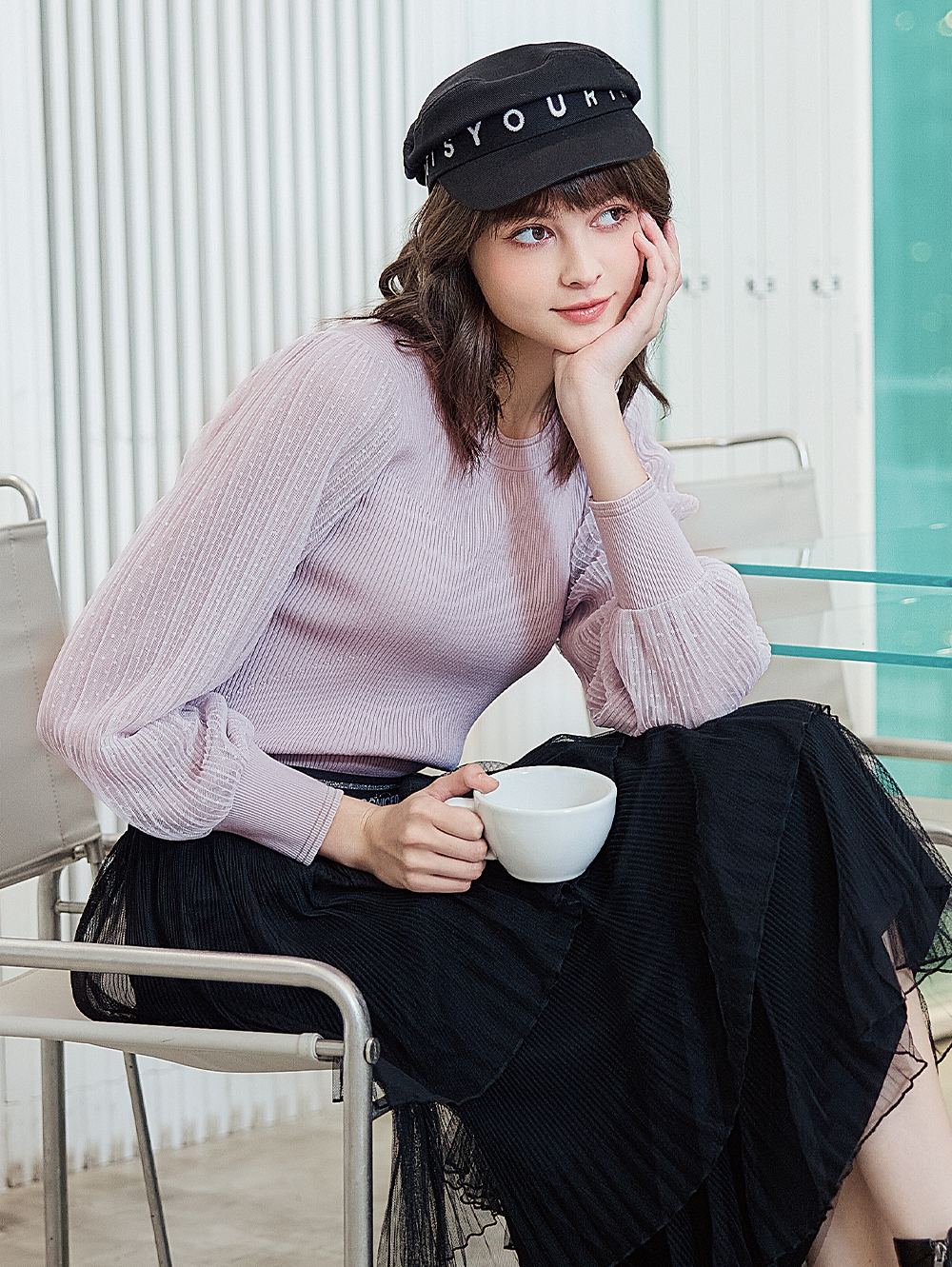 abito氣質網紗拼接針織上衣