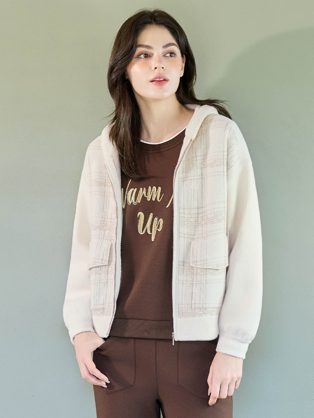 JOAN毛絨格紋針織連帽外套