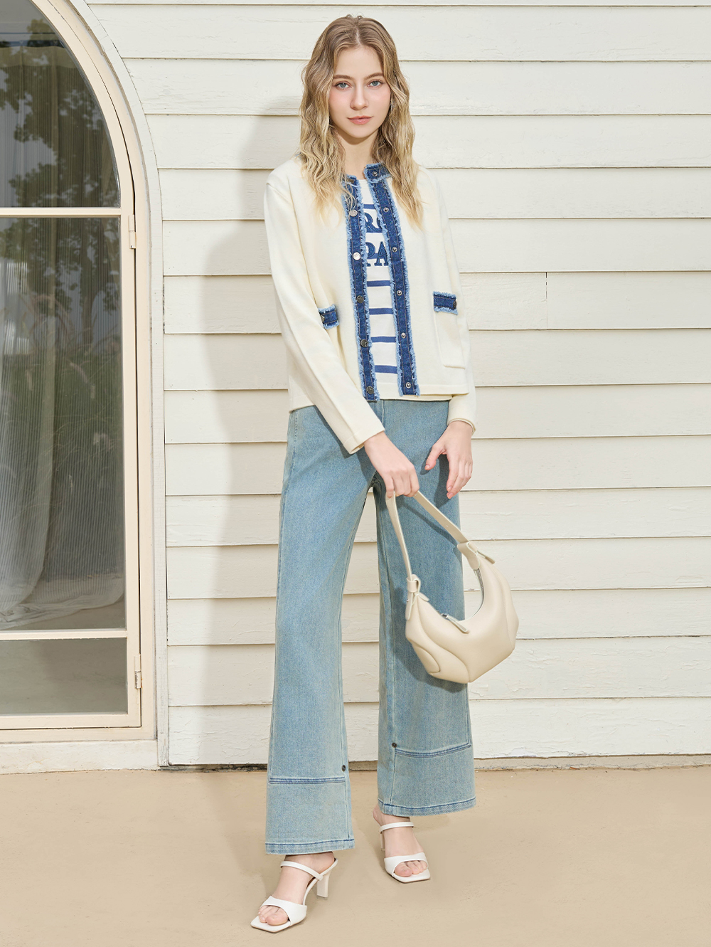 JOAN可反摺刷色牛仔寬褲