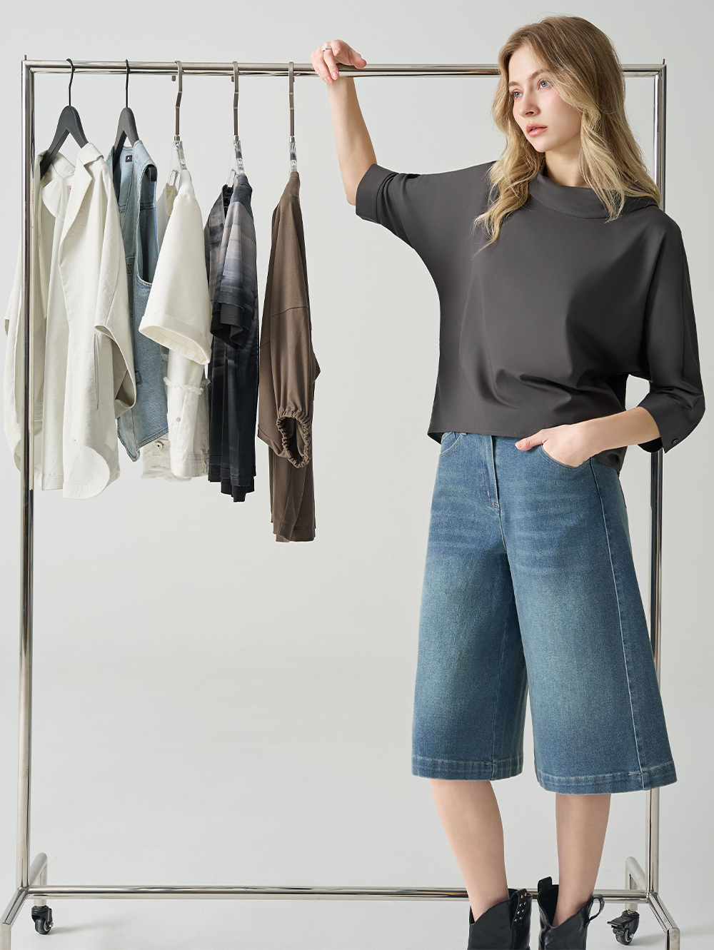 DENOVO刷色修身彈力五分丹寧褲