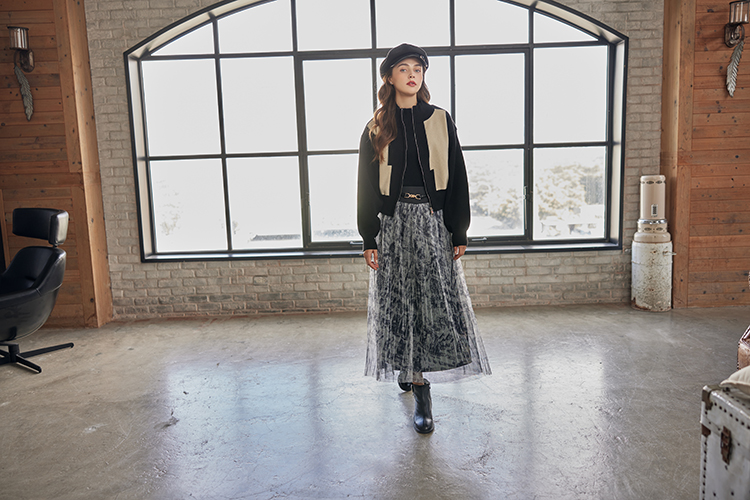 abito特殊印花細褶紗裙