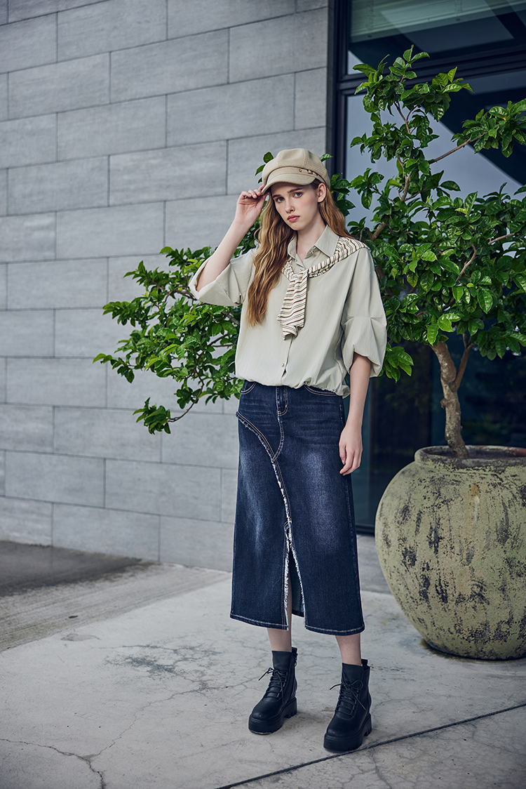 abito造型斜邊抽鬚牛仔裙