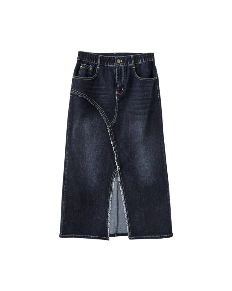 abito造型斜邊抽鬚牛仔裙