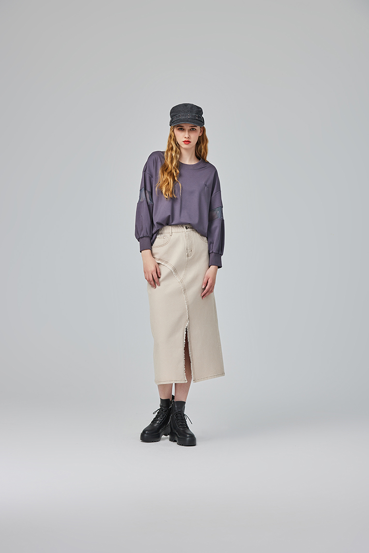 abito造型斜邊抽鬚牛仔裙