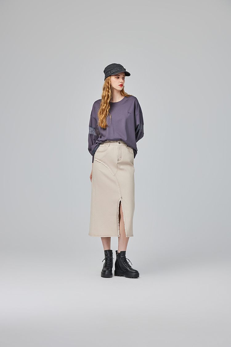 abito造型斜邊抽鬚牛仔裙