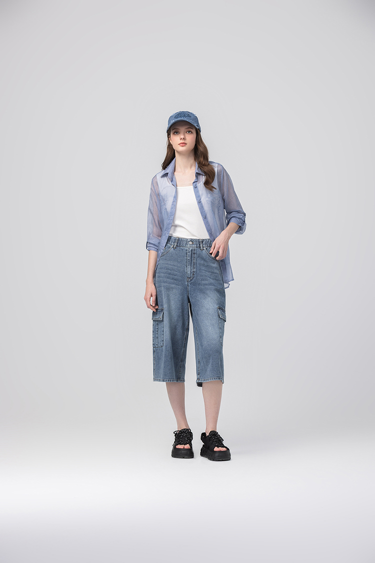 abito單寧印花透膚襯衫上衣