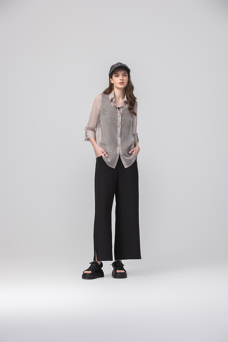 abito單寧印花透膚襯衫上衣