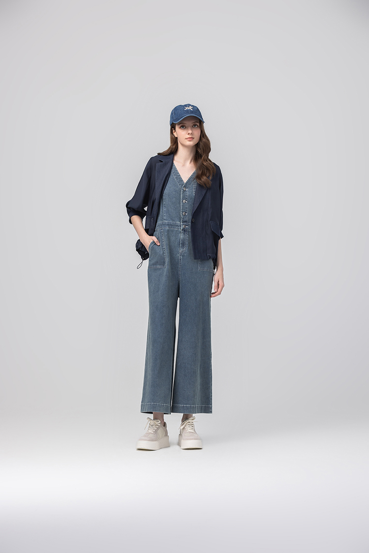 abitoV領排釦工裝牛仔連身褲