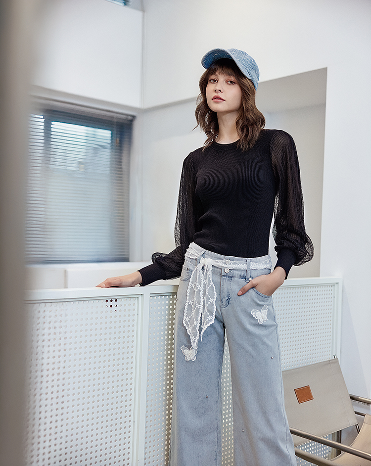 abito氣質網紗拼接針織上衣