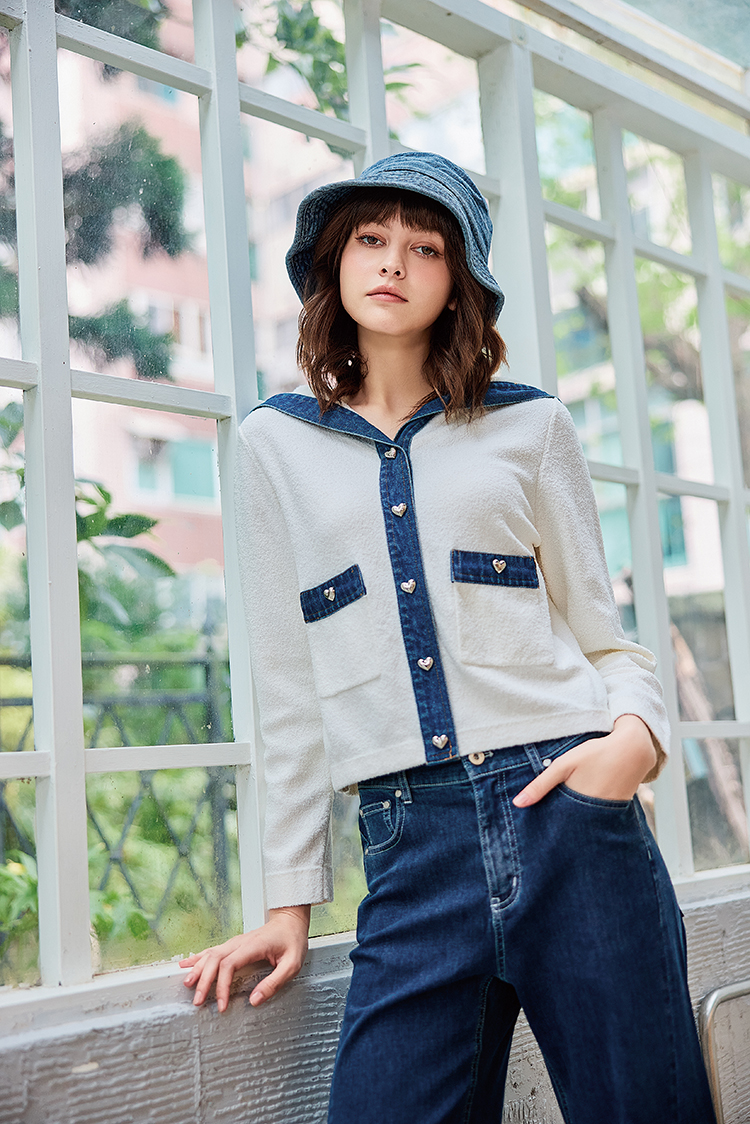 abito牛仔拼接針織外套