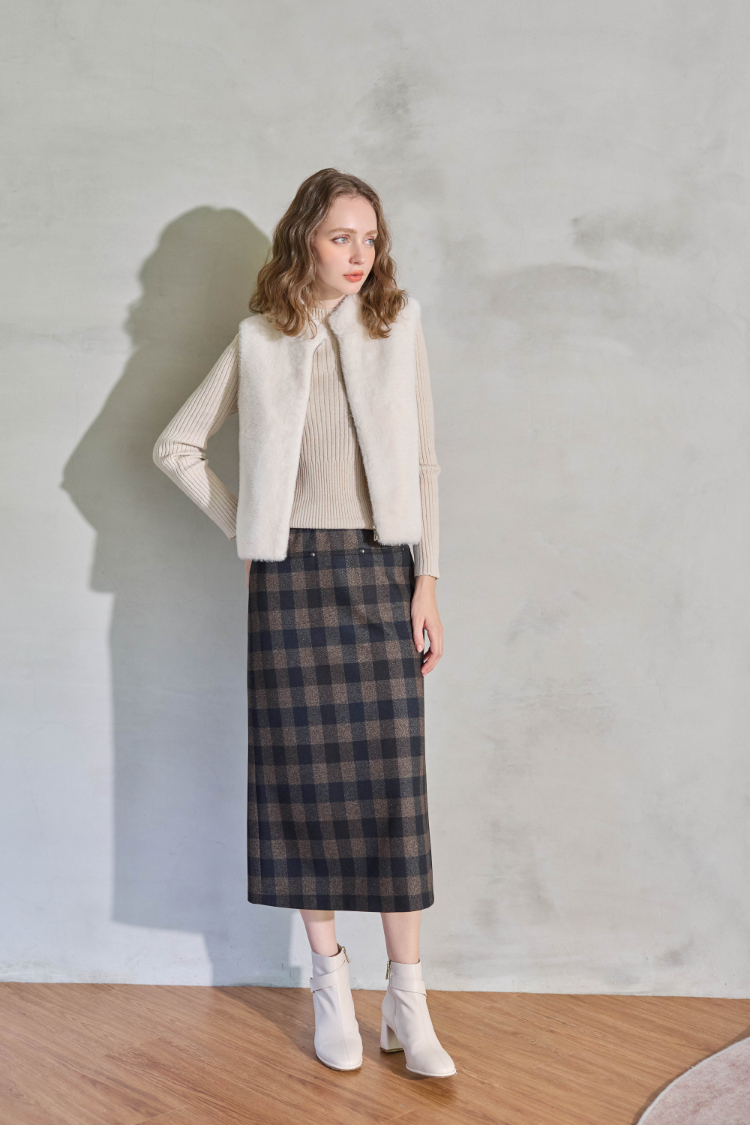 JOAN格紋緹花彈性鉛筆裙