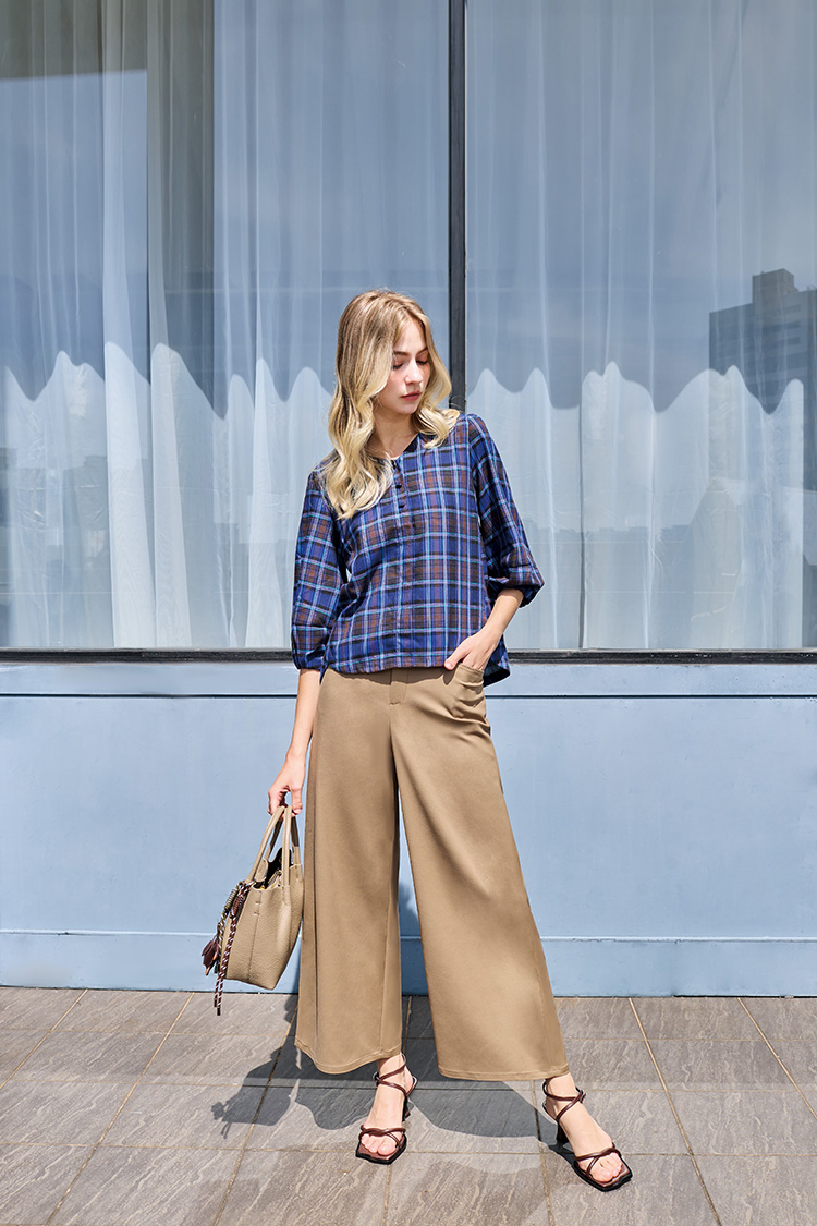 JOAN跳色車線彈性九分直寬褲