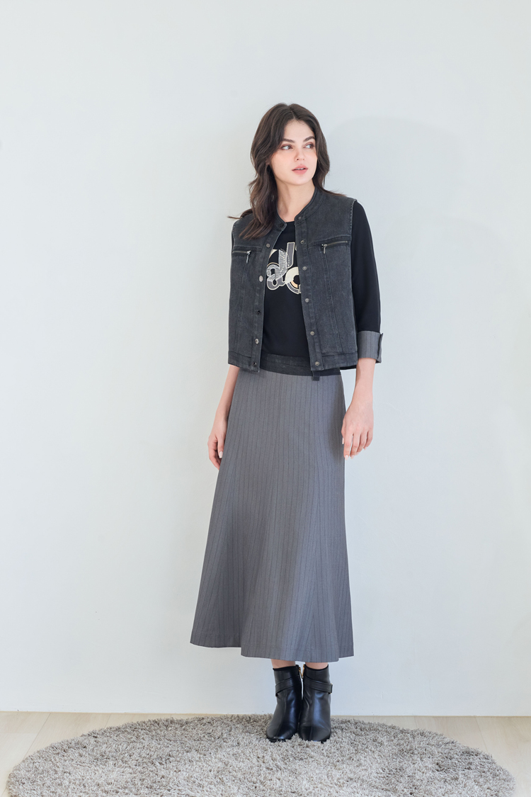 JOAN個性牛仔拼接條紋長裙