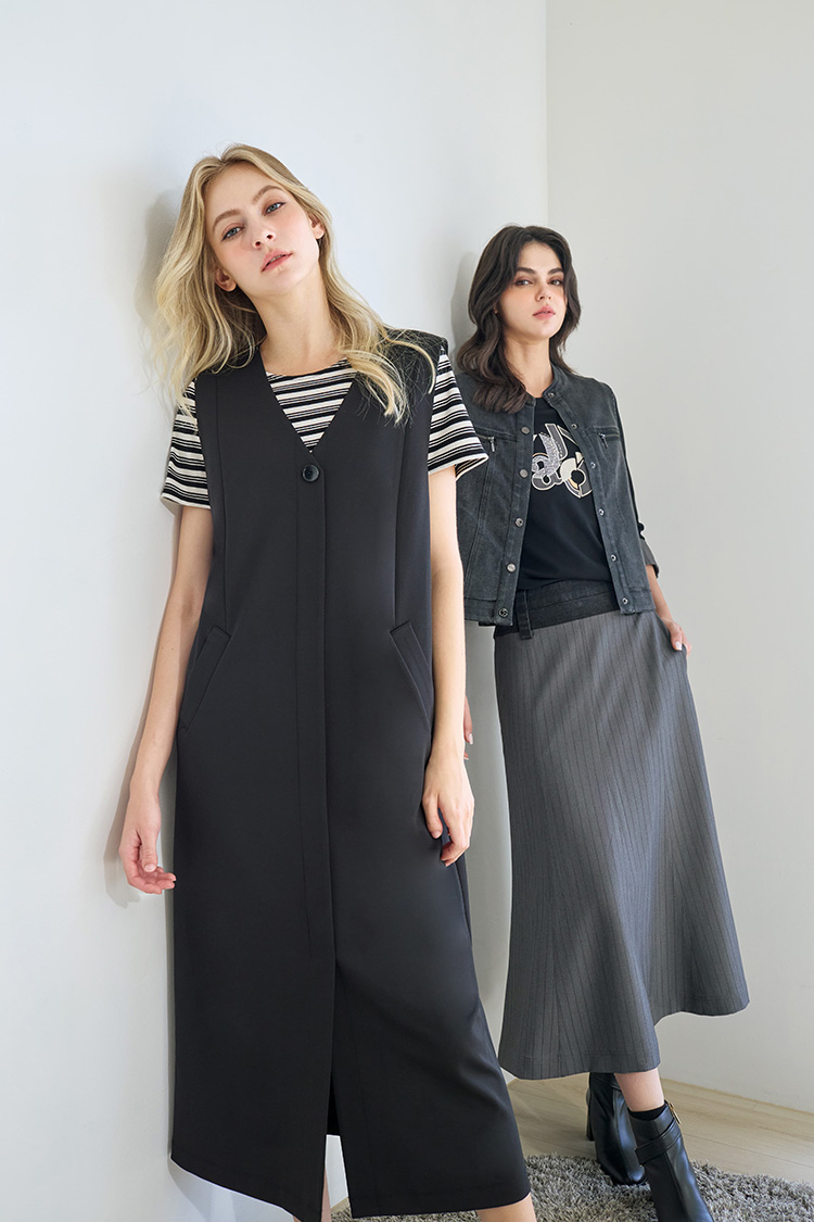 JOAN個性牛仔拼接條紋長裙