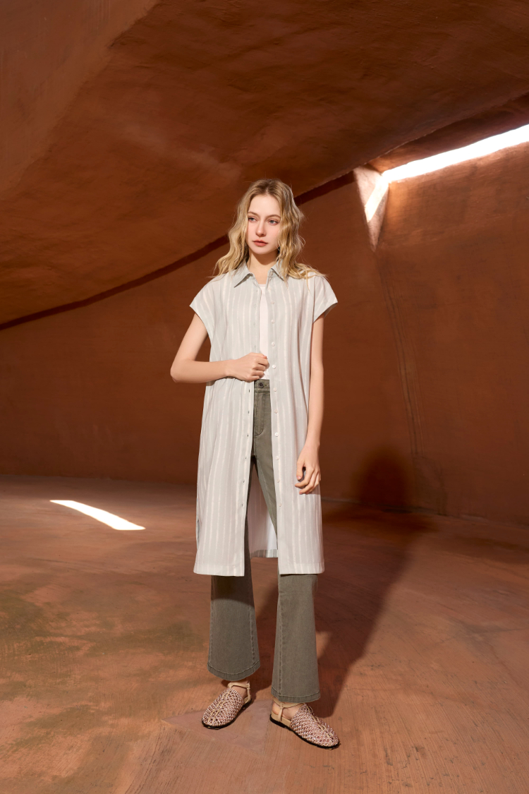 DENOVO率性長板開襟條紋罩衫