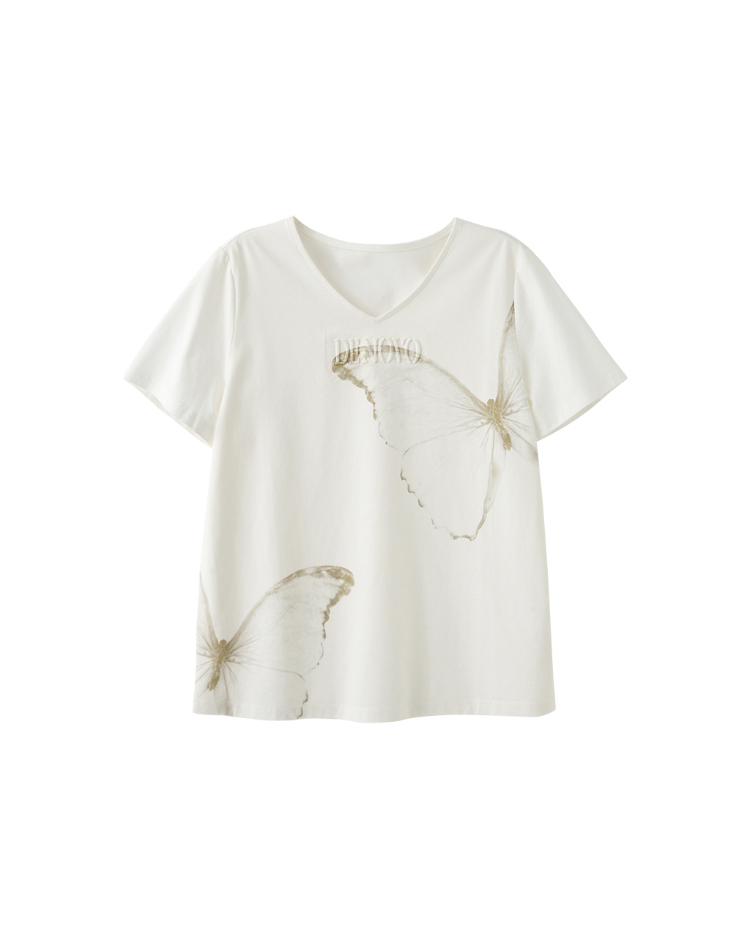 DENOVO柔霧蝶影印花V領T恤