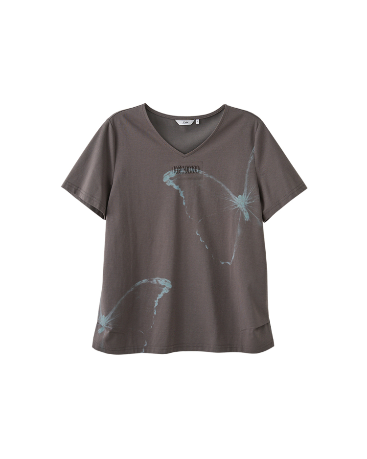 DENOVO柔霧蝶影印花V領T恤