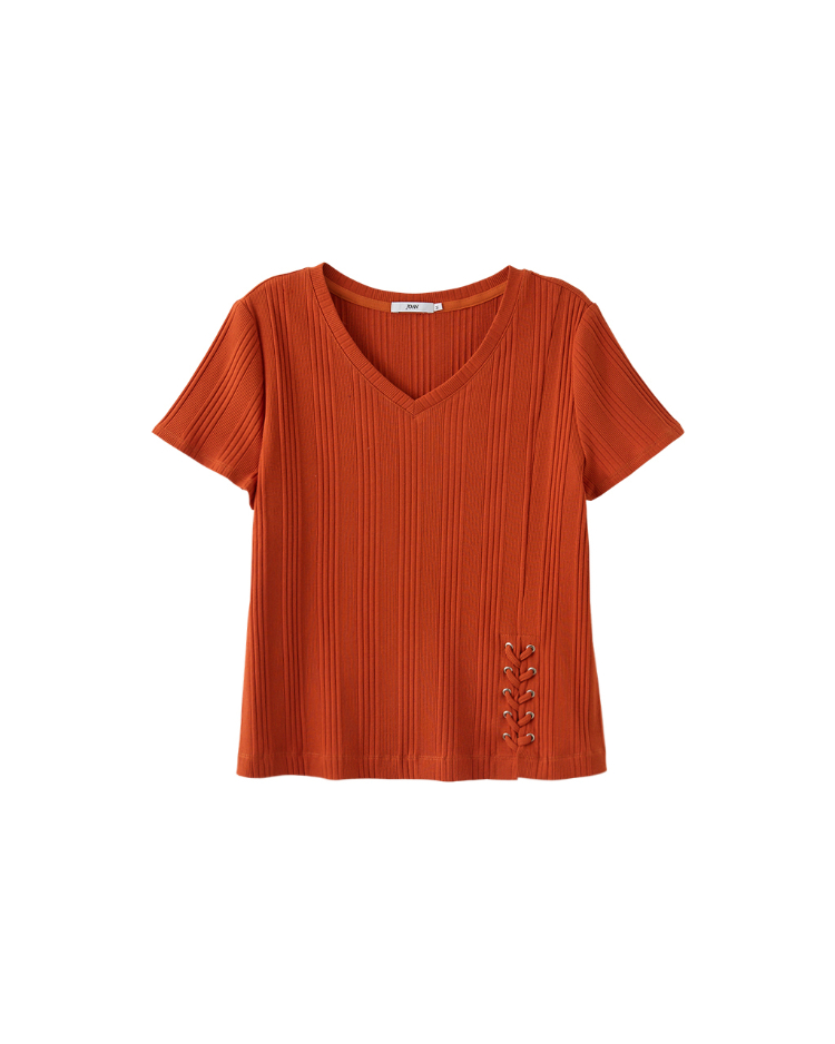 DENOVO側雞眼綁帶造型坑條V領T恤