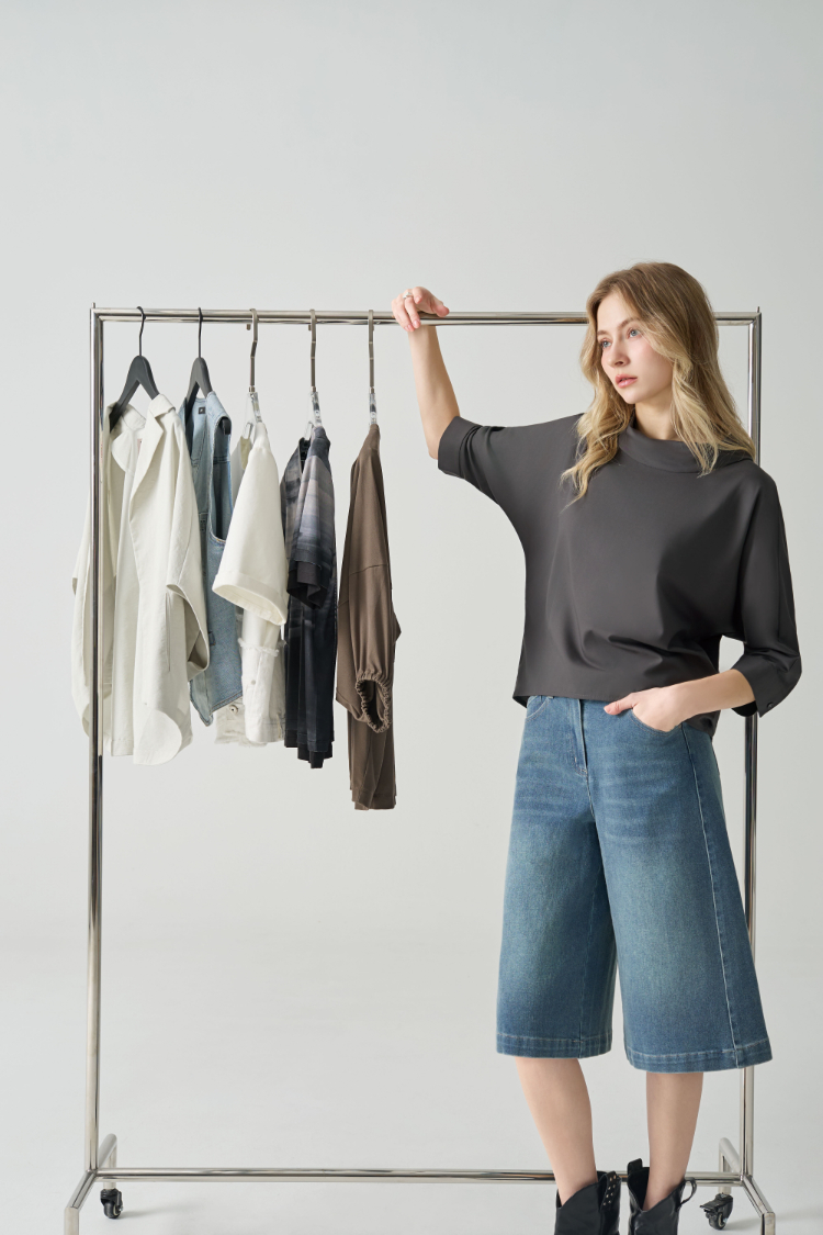 DENOVO刷色修身彈力五分丹寧褲