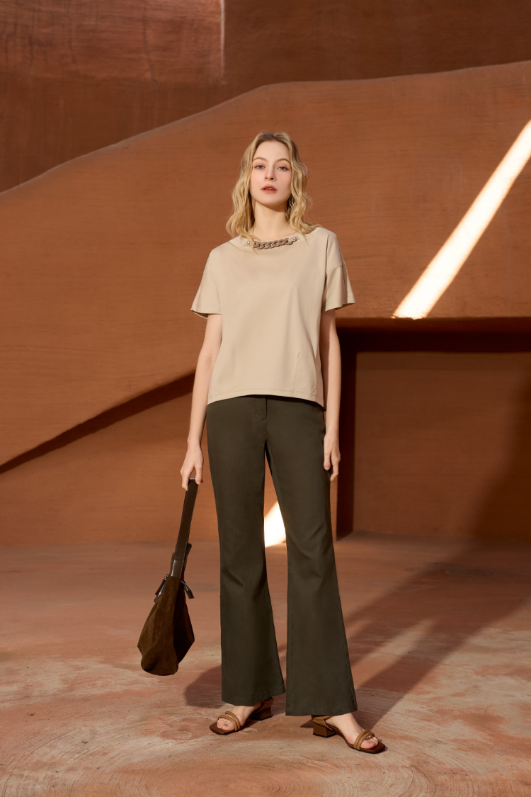 DENOVO竹節面修身彈力喇叭褲