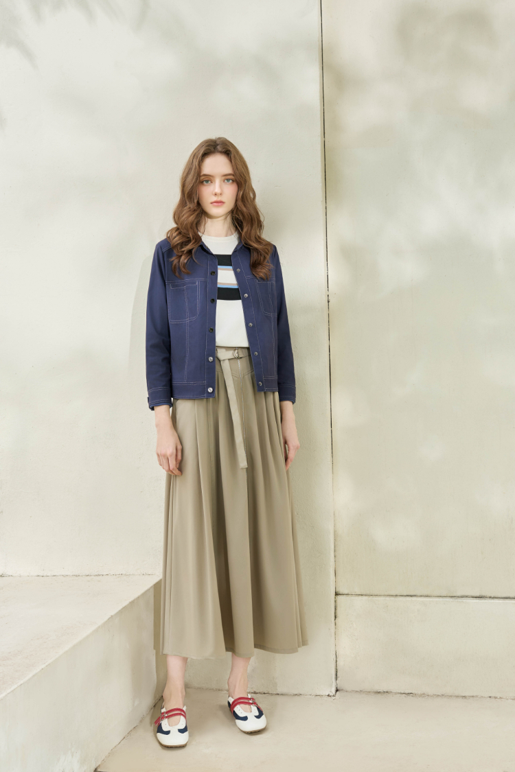 DENOVO腰帶設計拉鍊打摺開岔長裙