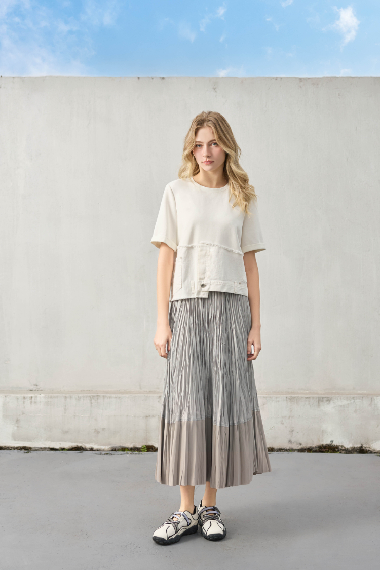 DENOVO都會感層次拼接壓褶長裙