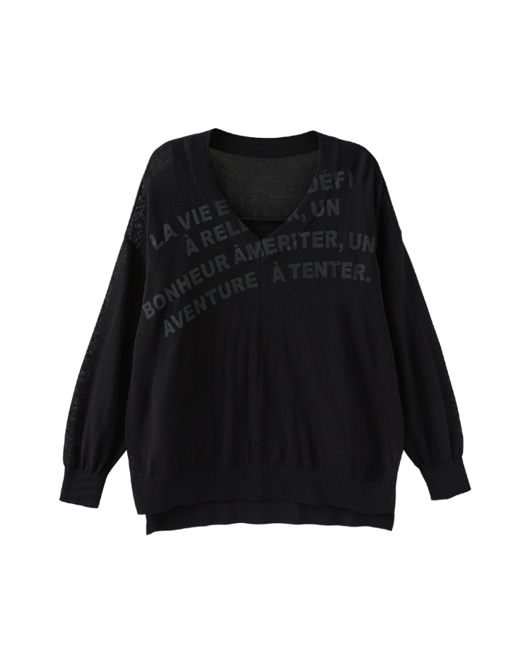 DENOVO優雅層次感字樣透膚針織上衣